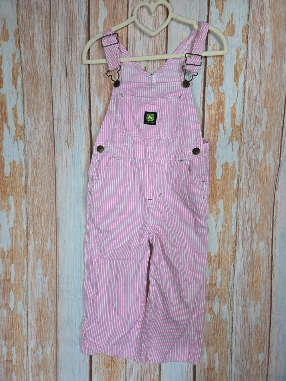John Deere Pink & White Striped Girl's Overalls Jumpsuit. Size 4t 100% Cotton